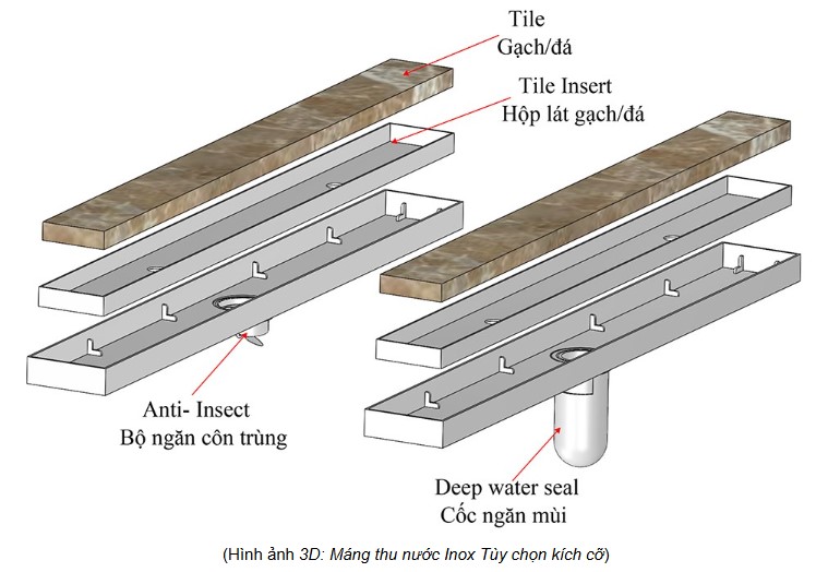 phễu thoát sàn dài lát gạch SD01