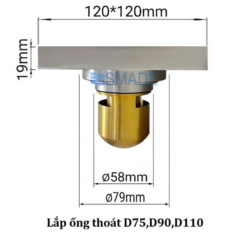 Phễu thoát sàn ngăn mùi lát gạch CF5B kích thước120x120, lắp ống D75/90/110